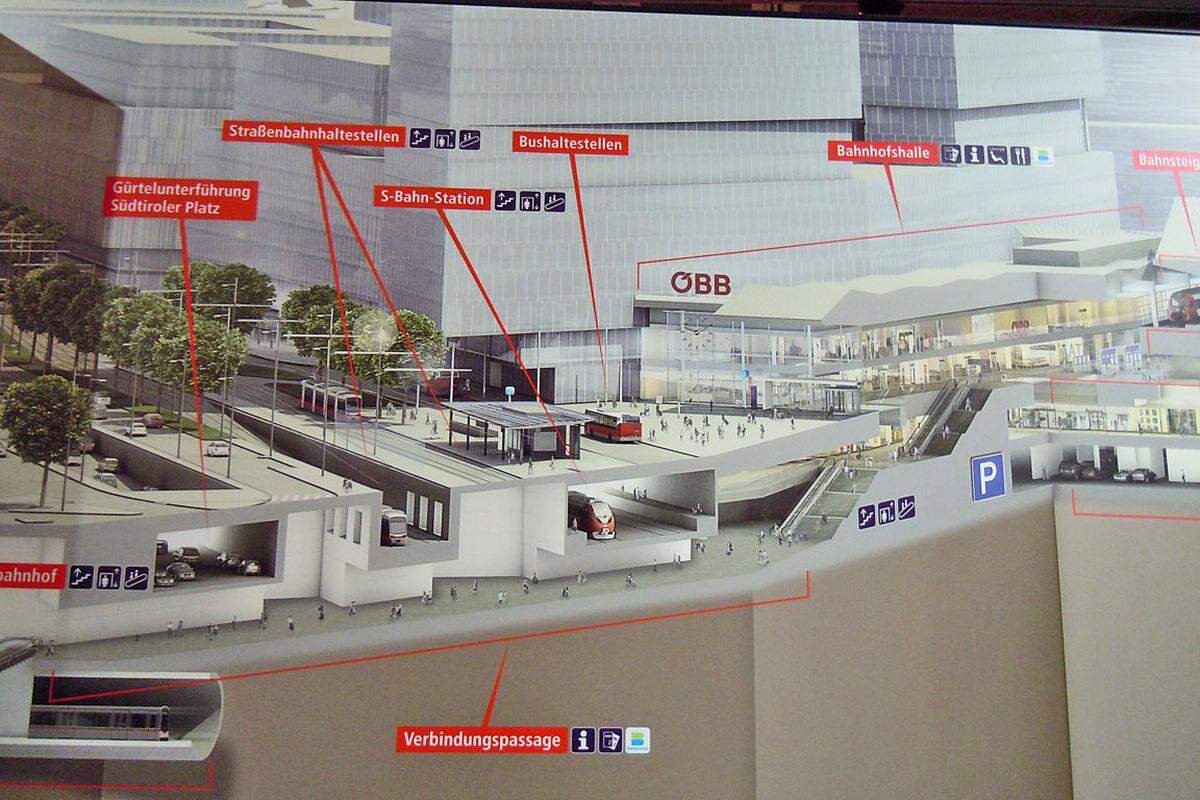 Einige Modelle, Filme und Pläne veranschaulichen das Aussehen des Hauptbahnhofs.