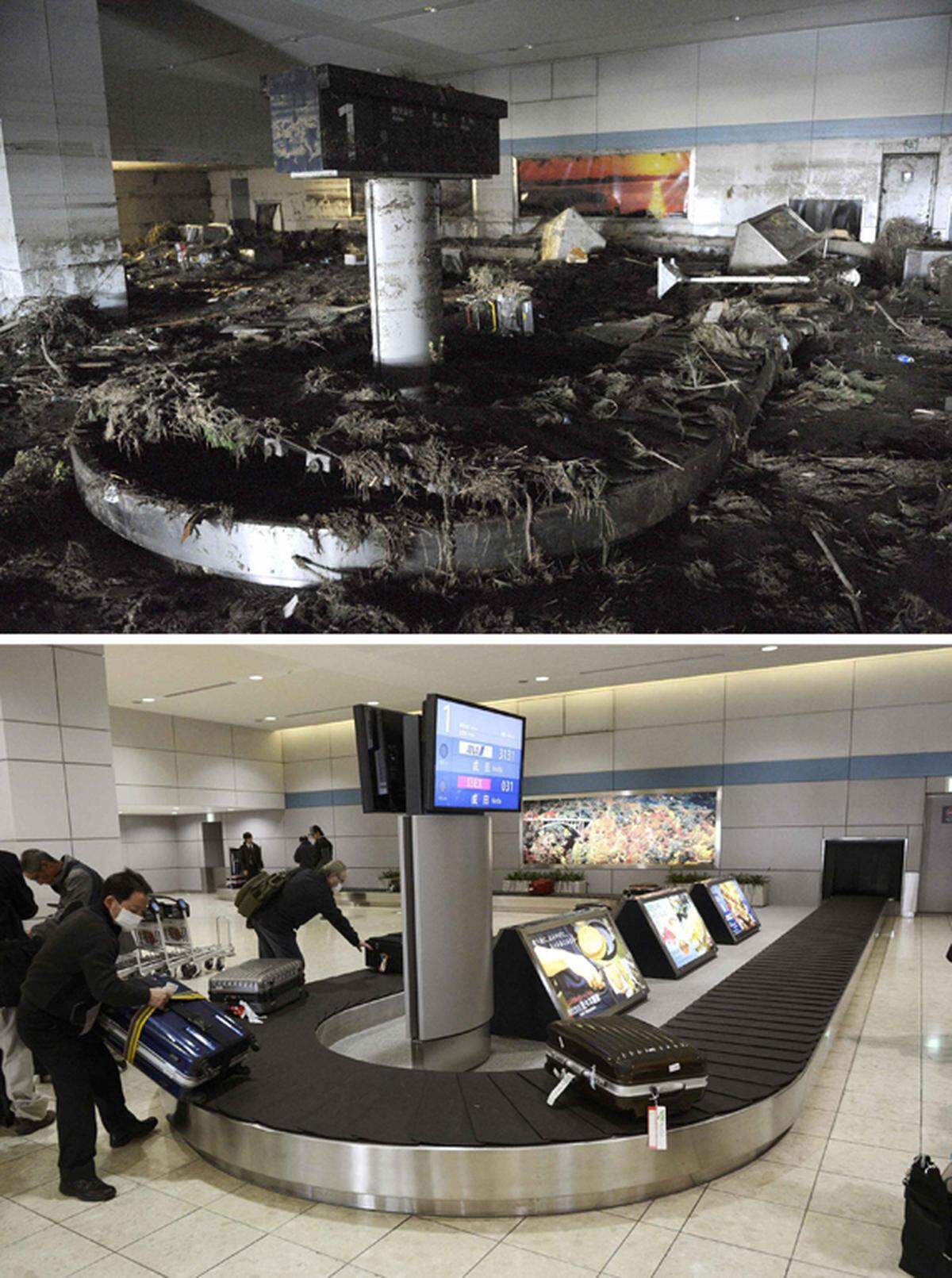 Der Flughafen von Sendai am 17. März 2011 (oben) und am 28. Februar 2013.