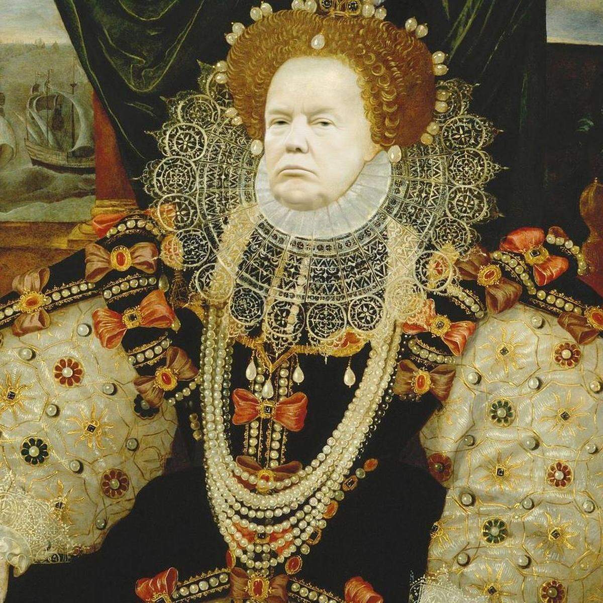 Auch darf er auf Krauthamers Bildern in die Rolle der berühmten englischen Königin Elizabeth I. schlüpfen, mit der sich der US-Präsident immerhin dieselbe Haarfarbe teilt.