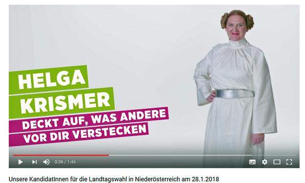 Mehr Aufmerksamkeit bekam freilich ein Video, in dem die allseits aus "Star Wars" bekannte "Macht" grün umgefärbt wurde. Konkreter: In dem sich Spitzenkandidatin Helga "Prinzessin Leia" Krismer als "grüne Jedi-Ritter" präsentierte.