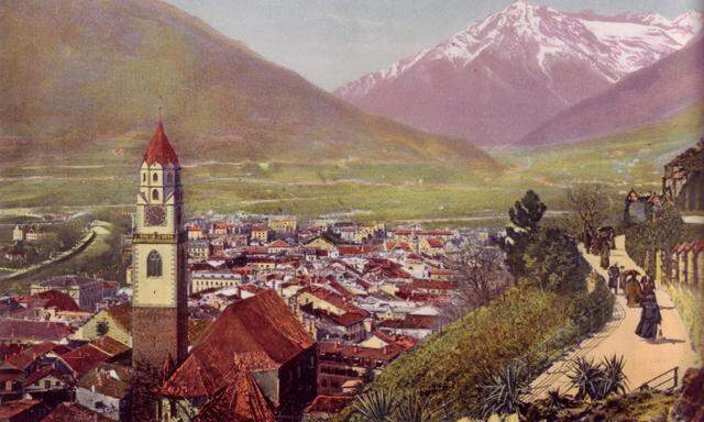 Tappeinerweg mit Blick auf Meran. Ansichtskarte, um 1900.