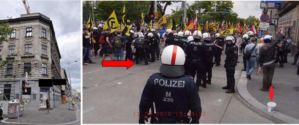 Bild links: Das Haus in der Goldschlagstraße. Auf dem Polizeibild rechts ist der Hilfseinsatz für den 17-Jährigen und ein ebenfalls vom Dach geworfener Kübel markiert.