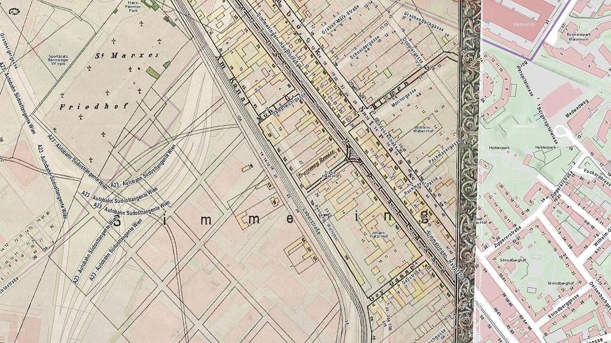 Wien 1887: Oben links der Marxer Friedhof, Mitte rechts mitten auf dem Feld einige Häuser - darunter die Nummer 30.
