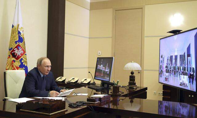 March 25, 2022, Moscow, Moscow, Russia: Russian President Vladimir Putin holds a video conference with the winners of t
