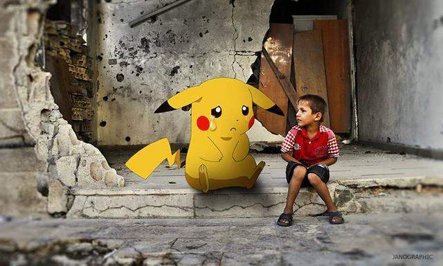 Eine Fotomontage eines syrischen Künstlers: Das Pikachu weint für ein syrisches Kind. 