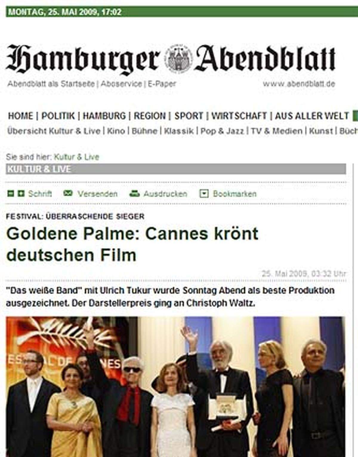 Auch das "Hamburger Abendblatt" reklamiert den Film für Deutschland: Im Vorspann erwähnen die Hanseaten zwar Schauspieler Ulrich Tukur, nicht aber Regisseur Haneke.