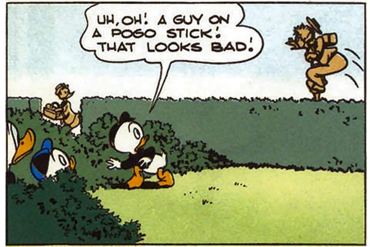 Im Mai 1952 erschien der "große, schlaksige Hühnervogel", wie ihn sein Erfinder Carl Barks (1901-2000) beschrieb, in der Episode "Eine peinliche Enthüllung" zum ersten Mal im Disney-Universum.  Im Bild: Hier hüpft Daniel Düsentrieb erstmals durch Entenhausen. 