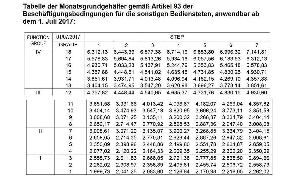 Diese Tabelle zeigt die Monatsgrundgehälter der Vertragsbediensteten. Deren Brutto-Grundgehalt reicht von circa 2000 Euro bis rund 7100 Euro in der höchsten Stufe und im höchsten Dienstalter. Das Vertragsbedienstetenschema steht auch Pflichtschulabgängern offen. Die Funktionen werden mit FG I bis FG IV bezeichnet: