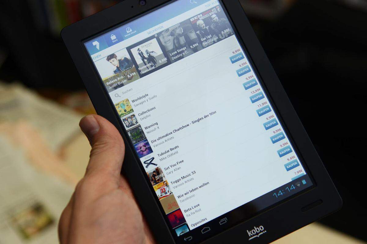 Kobo hat selbst keinen Online-Store für Musik. Auf dem Arc wurde dafür der Anbieter 7digital integriert. Songs lassen sich damit recht simpel kaufen. Da das Tablet aber auf Android basiert, lassen sich andere Musikdienste, wie etwa Spotify LastFM oder Rdio, genauso nutzen. Letzteres gilt auch für das Thalia-Tablet.