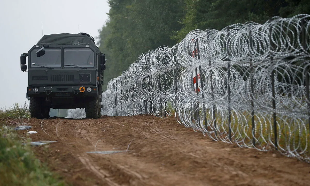 FILE PHOTO: Polish soldiers build a fence on the border between Poland and Belarus near the village of Nomiki