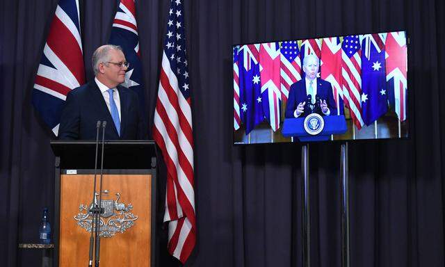 SCOTT MORRISON NUCLEAR SUBMARINE PRESSER, Australia'!s Prime Minister Scott Morrison at a joint press conference via AVL