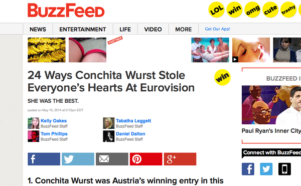 Auch der US-Listenspezialist "Buzzfeed" hat Conchita Wurst entdeckt: Sie habe die Herzen der Menschen auf exakt 24 verschiedene Arten erobert, heißt es dort in dem euphorischen Beitrag. Punkt 16 lautet: "Bald werden Religionen in ihrem Namen gestartet werden". Sie sei einfach die Beste gewesen. Zum Artikel