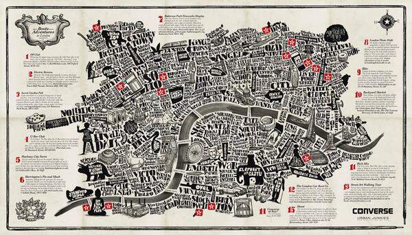 Das Label Converse brachte vor zwei Jahren einen ungewöhnlichen, London-Stadtplan heraus. Ganz typografisch sollte er zu jenen Orten führen, die „Off-the-beaten-track“ liegen, wie die coolen Stadtführer gern sagen.