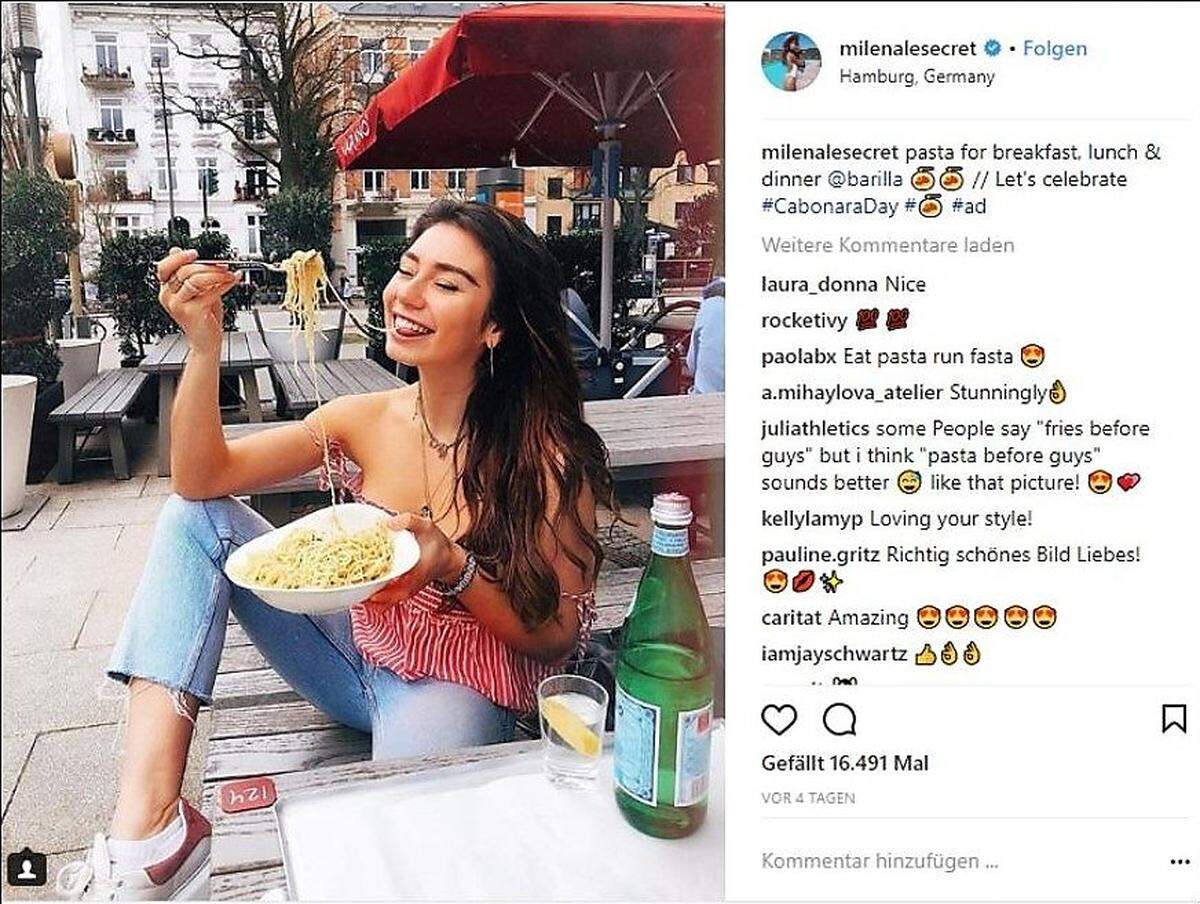 Milena Karl macht hier also Werbung für Nudeln. Fragt sich nur für welche: Barilla oder Vapiano? Fragen über Fragen...