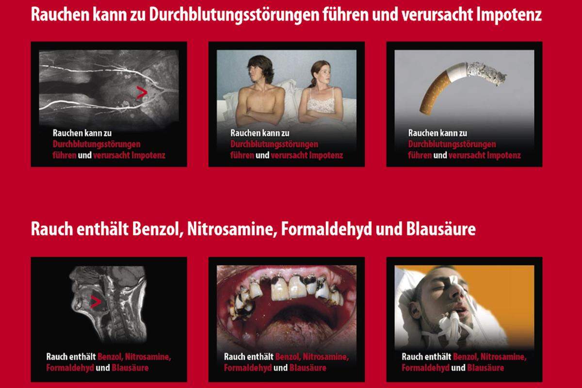 Dabei kann jedes Land selbst entscheiden, welches Foto zu welchem Warnhinweis abgedruckt werden soll. Ziel ist es, vor allem Jugendliche vom Rauchen abzuschrecken - eine Kombination aus Bild und Text sei hier sehr effektiv.