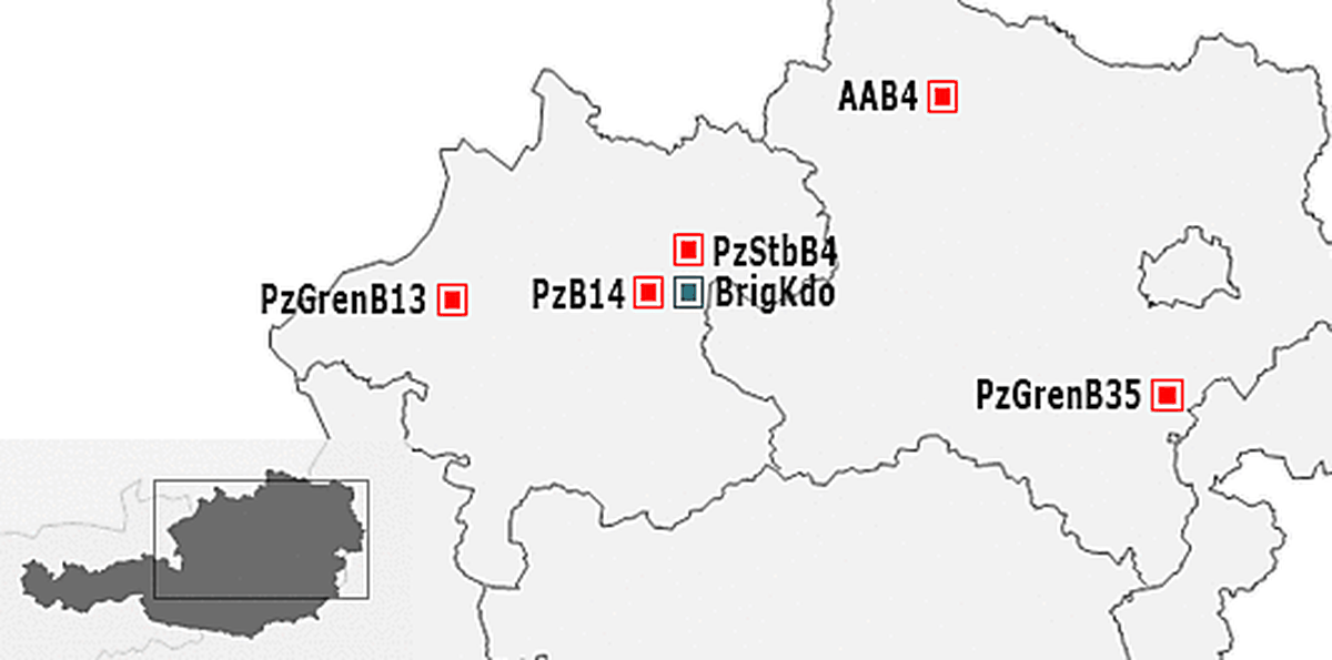 Standorte der Schweren Brigade: die PzGren-Bataillone 13 und 35 (Ried im Innkreis, Großmittel), das Aufklärungs- und Artilleriebataillon 4 in Allentsteig und Horn, das Panzerbataillon 14 in Wels, das Panzer-Stabsbataillon 4 und das Brigadekommando am Fliegerhorst Vogler (Linz-Hörsching).