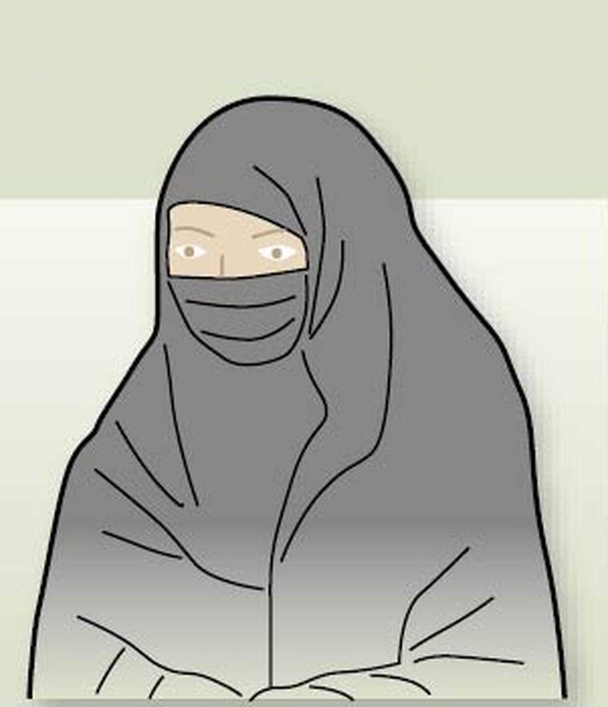 Lässt nur einen Schlitz für die Augen frei, untere Gesichtshälfte verschleiert.Verbreitung: Arabische Halbinsel