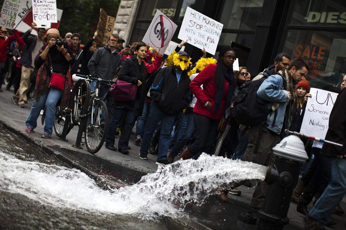 Ein geöffneter Hydrant am Rande der Demo in New York.