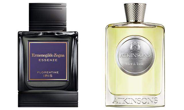 „Mint & Tonic“ von Atkinsons (100 ml um 160 €) und „Essenza Florentine Iris“ von Ermenegildo Zegna (100 ml Eau de Parfum um 235 €).