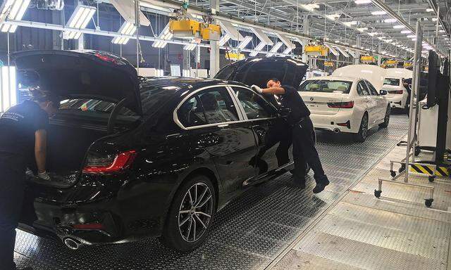 FILE PHOTO: Employees work on a BMW 3 Series car during a media tour at the new plant of German automaker BMW in San Luis Potosi