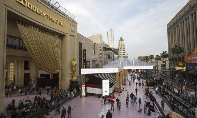 The red carpet is pictured during preparations leading up to the 87th Academy Awards in Hollywood