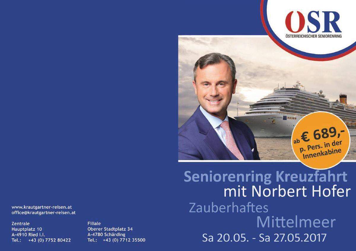 Ob Heavy Metal, Handarbeiten oder FKK: Kreuzfahrten gibt es viele. FPÖ-Bundespräsidentschaftskandidat Norbert Hofer zieht es im Mai ans Mittelmeer. Und zwar mit dem freiheitlichen Seniorenring. Mit der Costa Diadem geht es von 20. bis 27. Mai von Savona nach Marseille, Barcelona, Mallorca, Rom und La Spezia.