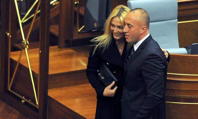 Leader of the Alliance for Future of Kosovo, Haradinaj, with his wife  after he was elected as new Prime Minister of the Republic of Kosovo in Pristina,