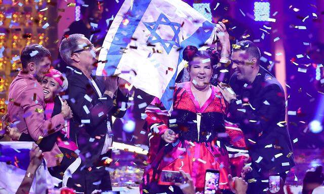 LISBON PORTUGAL MAY 13 2018 Singer Netta Barzilai R representing Israel wins the Grand Final