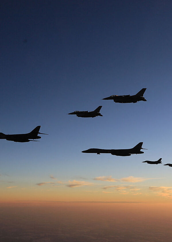 Japan Air Self-Defense Force's F-2 fighters hold a joint military drill with U.S. B-1B bombers and F-16 fighters off Japan's southernmost main island of Kyushu, Japan