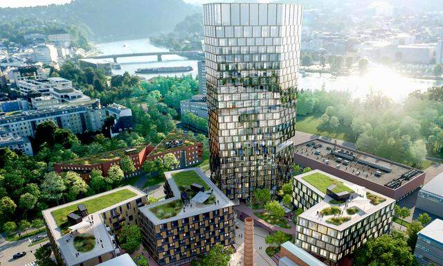Auf dem Gelände der Tabakfabrik Linz wird derzeit ein 109 Meter hoher Büro- und Hotelturm gebaut.