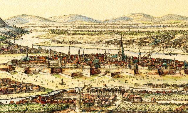 Wien 1705. Von oben: Donau, Stadt, Glacis, Wienfluss. Kolorierter Nachdruck nach Georg Matthäus Vischer. 