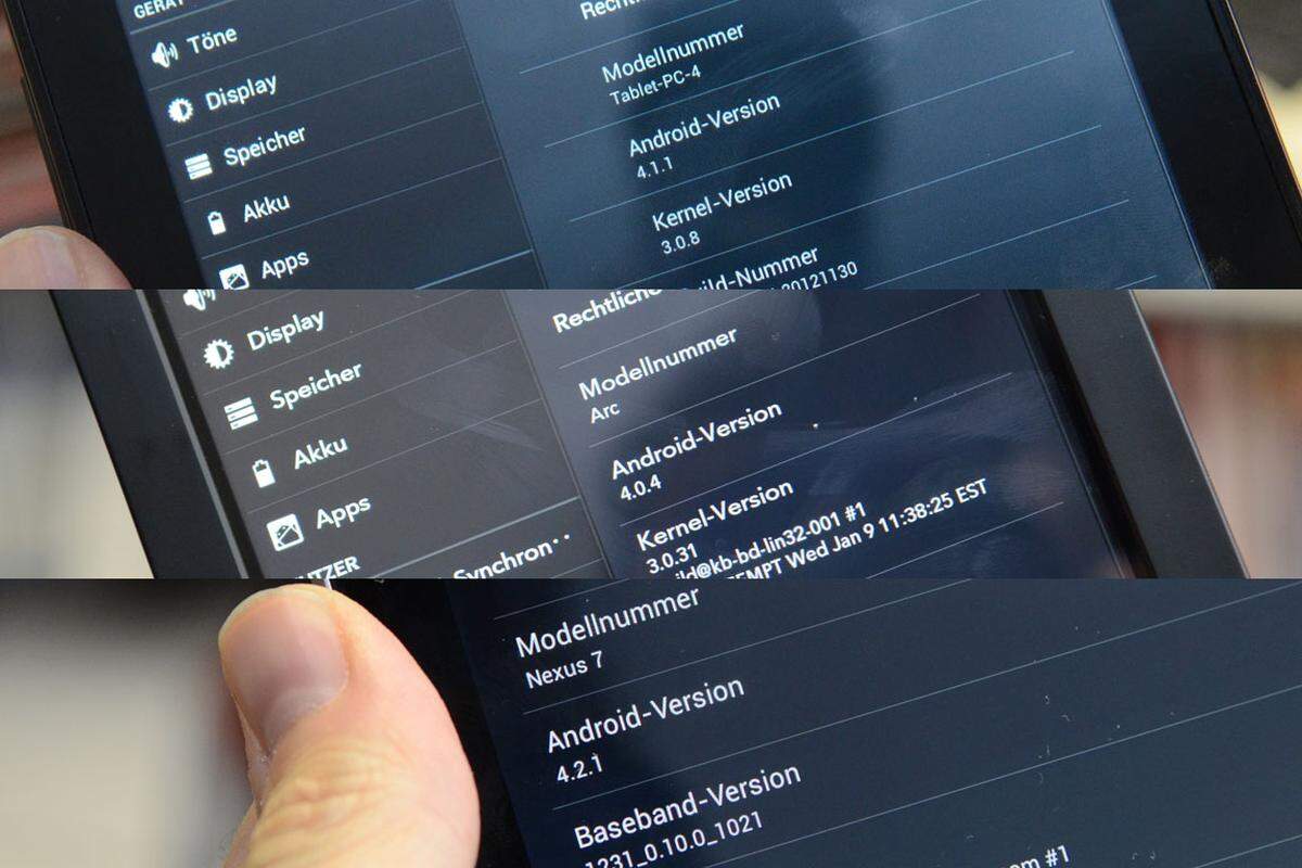 Vier Tablets und Android als Betriebssystem. Während Amazon auf eine stark adaptierte Version setzt, nutzen Kobo und Thalia die Versionen 4.0.4 "Ice Cream Sandwich" beziehungsweise 4.1.1 "Jelly Bean". Wie für die Nexus-Reihe üblich ist das Nexus 7 mit der aktuellsten Fassung Android 4.2.1 ausgerüstet.