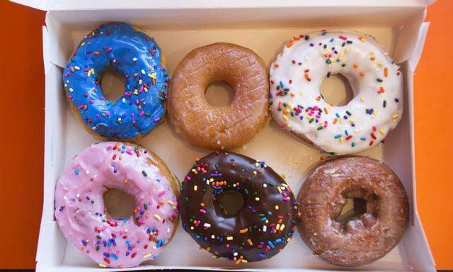 A box of donuts is pictured at a newly opened Dunkin´ Donuts store in Santa Monica