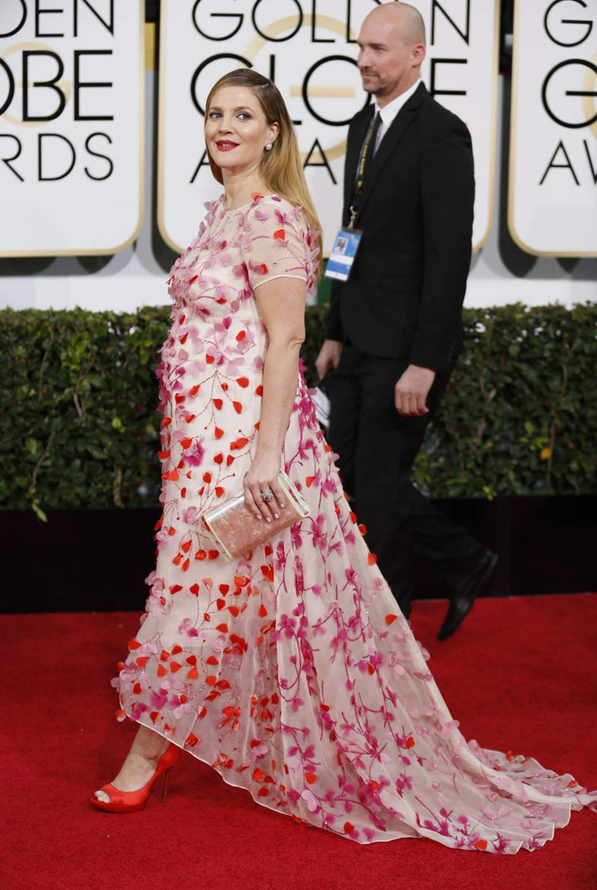 Mit einem Blumenmeer von Monique Lhuillier strahlte Drew Barrymore bei den Golden Globes um die Wette.
