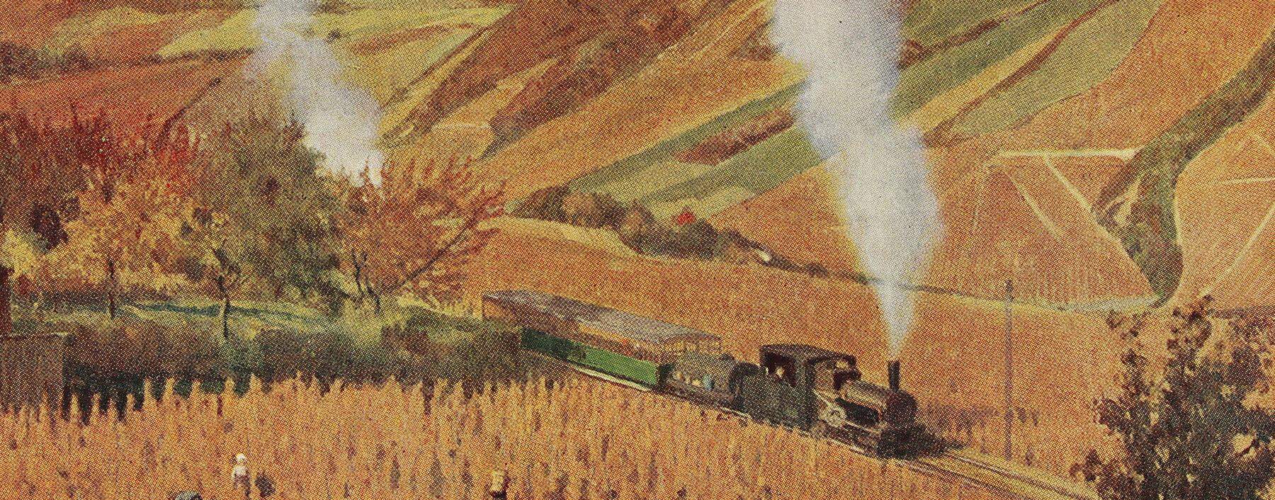Die Kahlenbergbahn um 1910 auf einer Postkarte nach einem Gemälde von E. Baschny, 