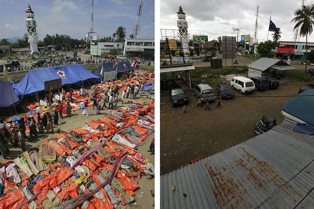 Tsunami-Opfer in der indonesischen Stadt Banda Aceh (links) einen Tag nach der Katastrophe, die zweite Aufnahme zeigt den gleichen Platz am 5. Dezember 2009.
