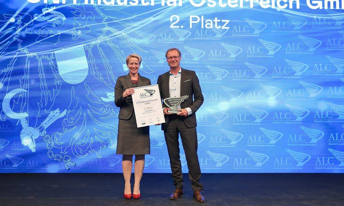 Auszeichnung 2. Platz International tätige Unternehmen für die CNH Industrial Österreich GmbH: DONAU Versicherung-Generaldirektorin Judit Havasi und CNH-Geschäftsführer Christian Huber.