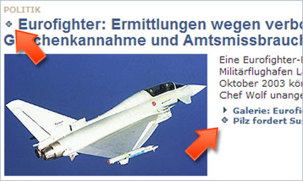 Die Artikelbox hilft Ihnen, den Überblick über jene Artikel zu behalten, die Sie besonders interessieren. Anstatt jeden Artikel einzeln anzuklicken und zu lesen, können Sie diesen zuerst in aller Ruhe in der Artikelbox für späteres Lesen aufheben. Klicken Sie dazu einfach auf das +-Symbol neben der entsprechenden Überschrift ...