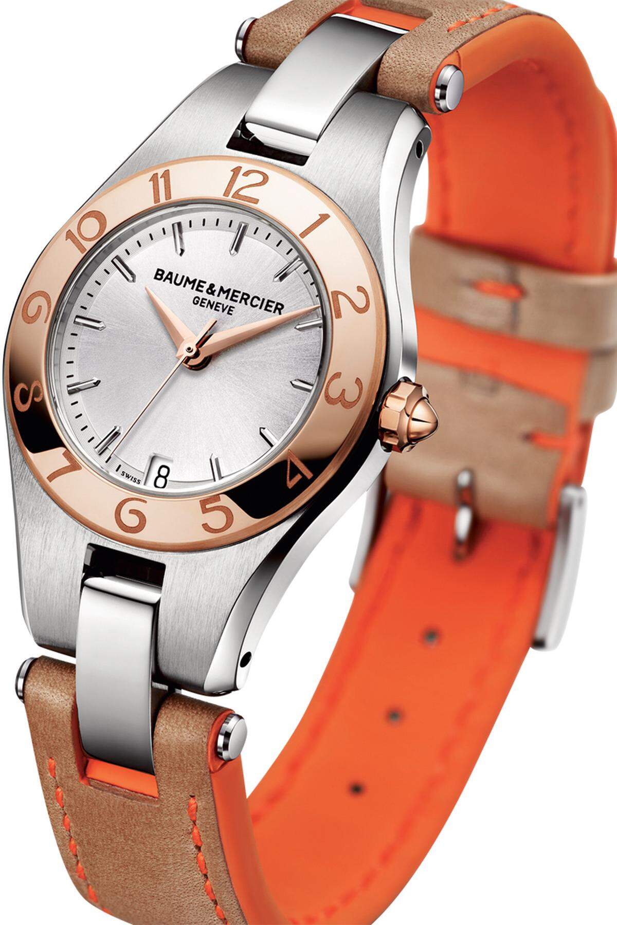 „Linea“: Die neuen Farben peppen so richtig. Das Uhrband ist zweifärbig ausgeführt, es kann mit wenigen Handgriffen zu Hause gegen weitere zweifärbige Bänder getauscht werden.