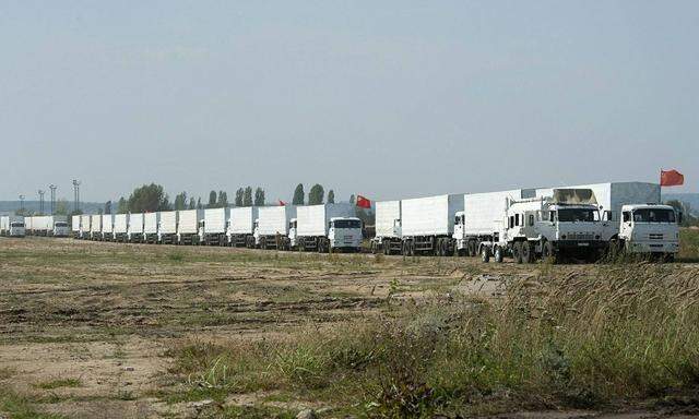 August 13 2014 Russia Voronezh The truck convoy with humanitarian aid for residents of Ukrai
