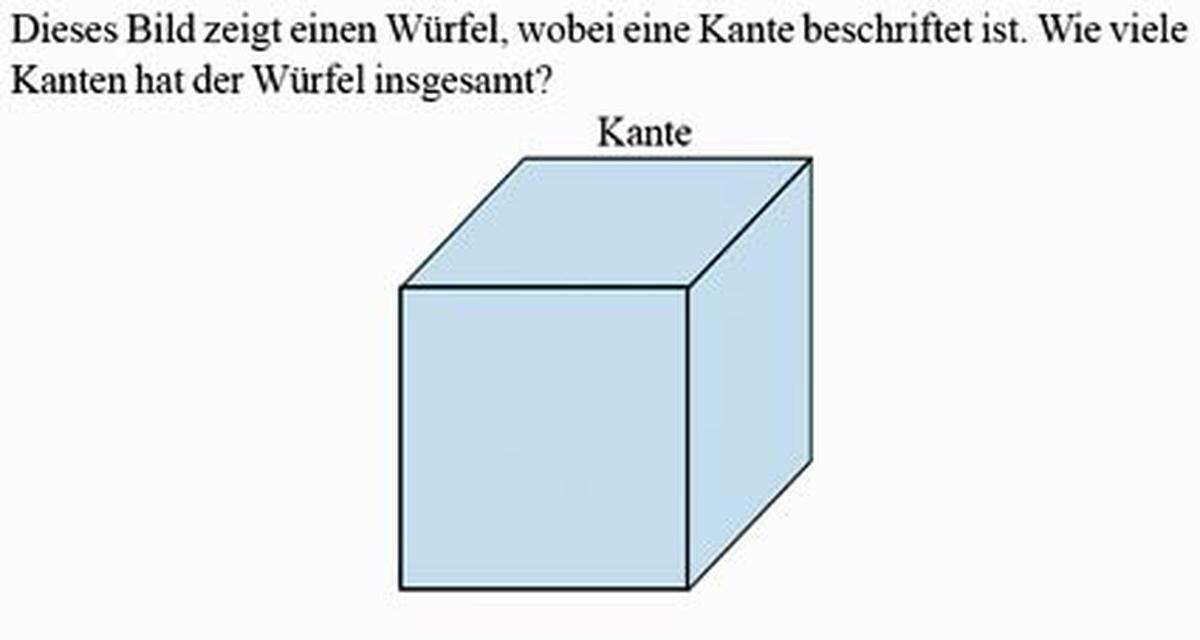 8. Dieses Bild zeigt einen Würfel, wobei eine Kante beschriftet ist. Wie viele Kanten hat der Würfel insgesamt? A. 6 B. 8 C. 12 D. 24