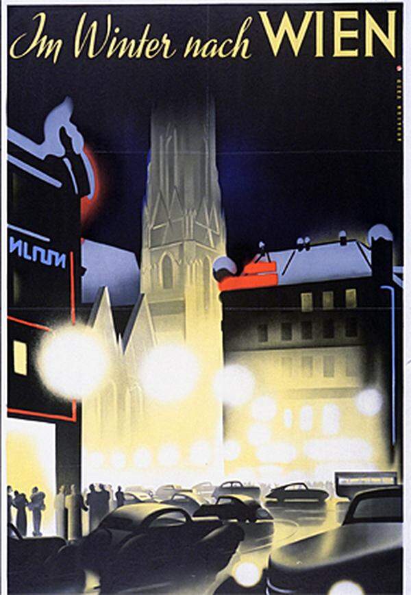 Empfangen wird der Besucher im ersten Stock von einer projizierten Foto-Folge von Lothar Rübelt. In diesem orange gehaltenen Ouvertüre-Raum wird unter anderem die wachsende Motorisierung und Elektrifizierung der Stadt thematisiert.Plakat "Im Winter nach Wien", 1934/35