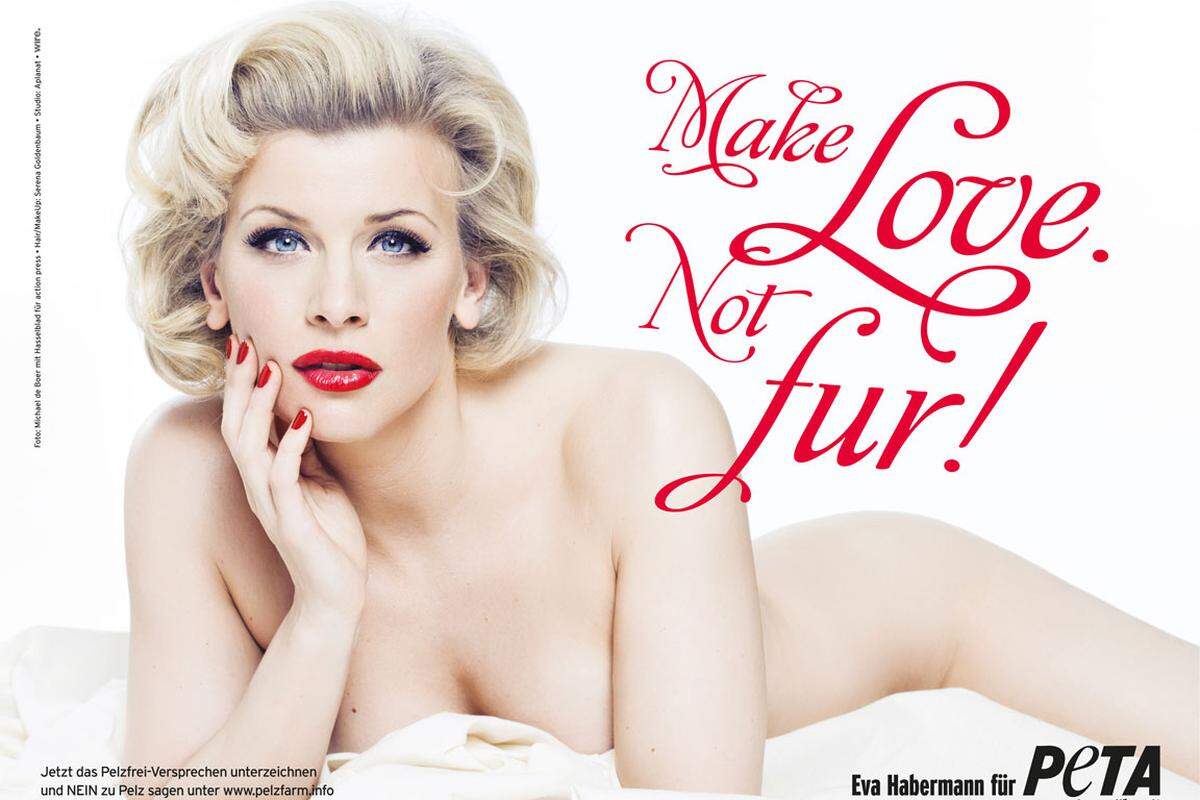 Die Hamburger Rosamunde Pilcher-Darstellerin Eva Habermann zeigte sich nackt auf einem Laken liegend. "Make Love. Not Fur!", appellierte sie im Marylin-Monroe-Look