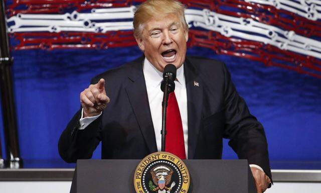 U S President Donald J Trump addresses guests at the Snap On Tools headquarters in Kenosha Wiscon