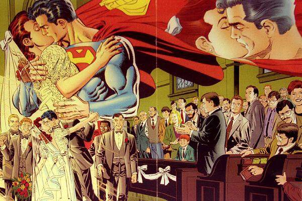 Seine Geburtsstunde hatte Superman 1933. Die Väter des gut aussehenden Superhelden, Jerry Siegel und Joe Shuster, wollten ursprünglich einen Bösewicht kreieren. Eine familäre Tragödie, Siegels Vater wurde bei einem Raubmord getötet, soll die Wende zum Good Guy, dem unzerstörbaren "Man of Steel", gebracht haben.Im Bild: Superman heiratet seine Langzeitliebe, die Reporterin Louis Lane (1996).