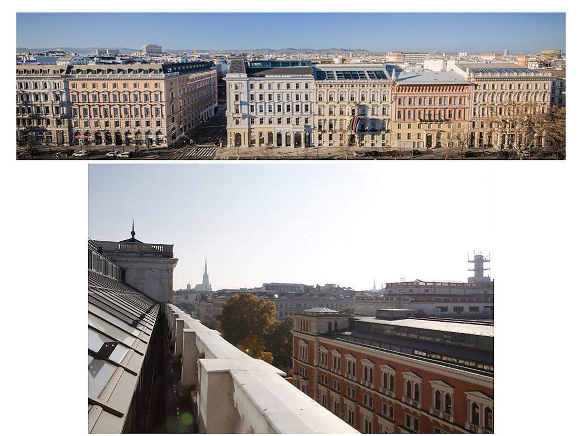 Die Aussicht vom Penthouse. Die vier Eckrisaliten können als Terrasse genutzt werden.