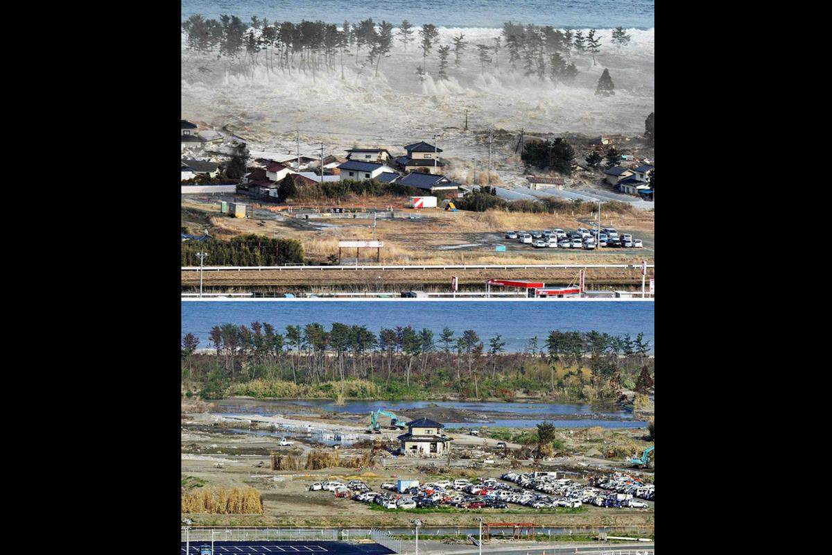 Drei Monate nach dem verheerenden Erdbeben und dem anschließenden Tsunami leben in Japan noch immer mehr als 90.000 Menschen in Notunterkünften.Oben: Der Tsunami trifft die Küste bei Natori. Unten: Drei Monate später steht in dem Gebiet nur mehr ein Haus.