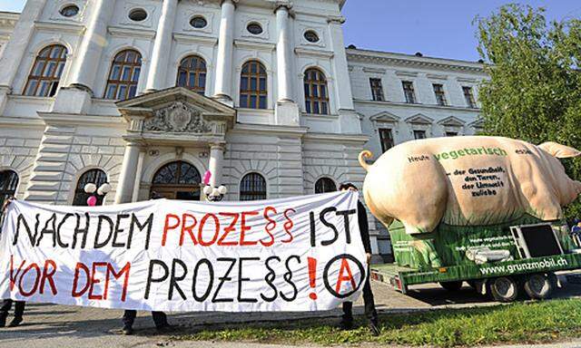 Protestaktion vor dem Gerichtsgebäude in Wiener Neustadt.