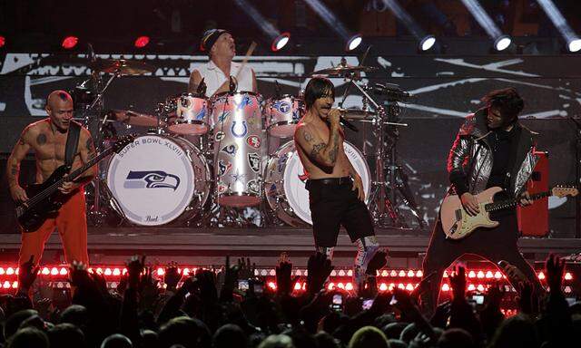 The Red Hot Chili Peppers perform during the halftime show of the NFL Super Bowl XLVIII football game between the Denver Broncos and the Seattle Seahawks in East Rutherford