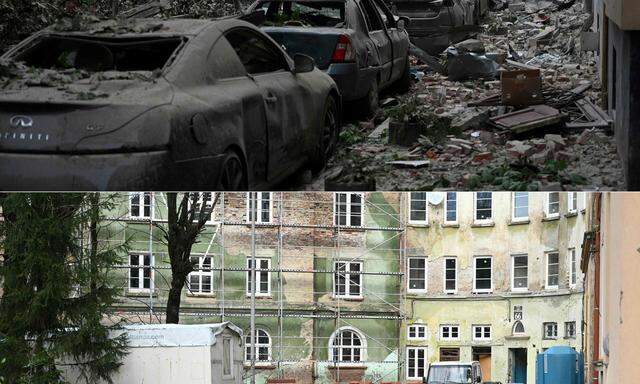 Drei ukrainische Städte kurz nach Kriegsbeginn im März 2022 (oben) und im Februar 2024 (unten): Lemberg an der polnischen Grenze
